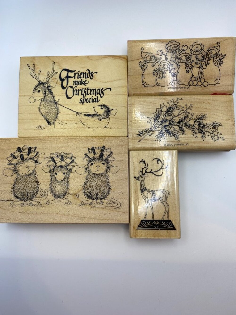 Set Of 5 Christmas-Themed Rubber Stamps Wooden Base Featuring Mice Snowmen Holly